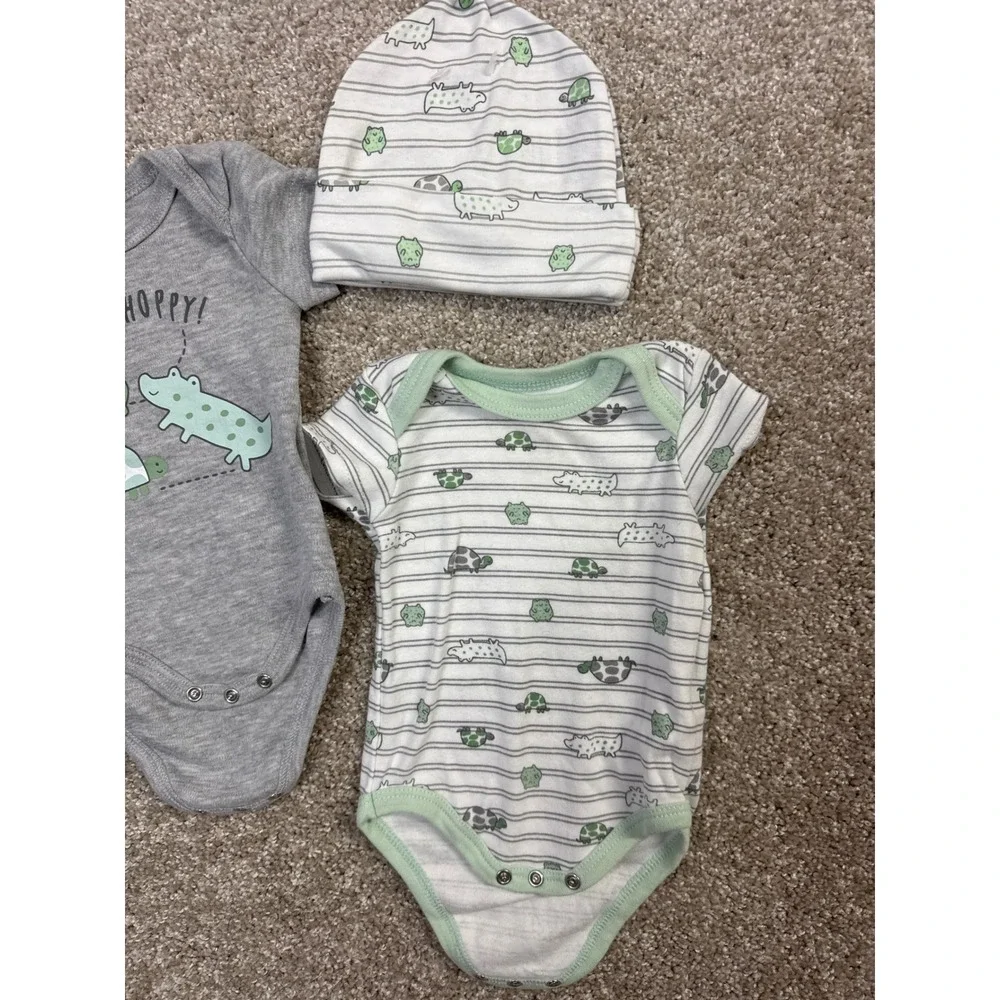 Carters Just One You Baby Boy 3pc Set Bodysuits and Hat Reptile Frog Grey White